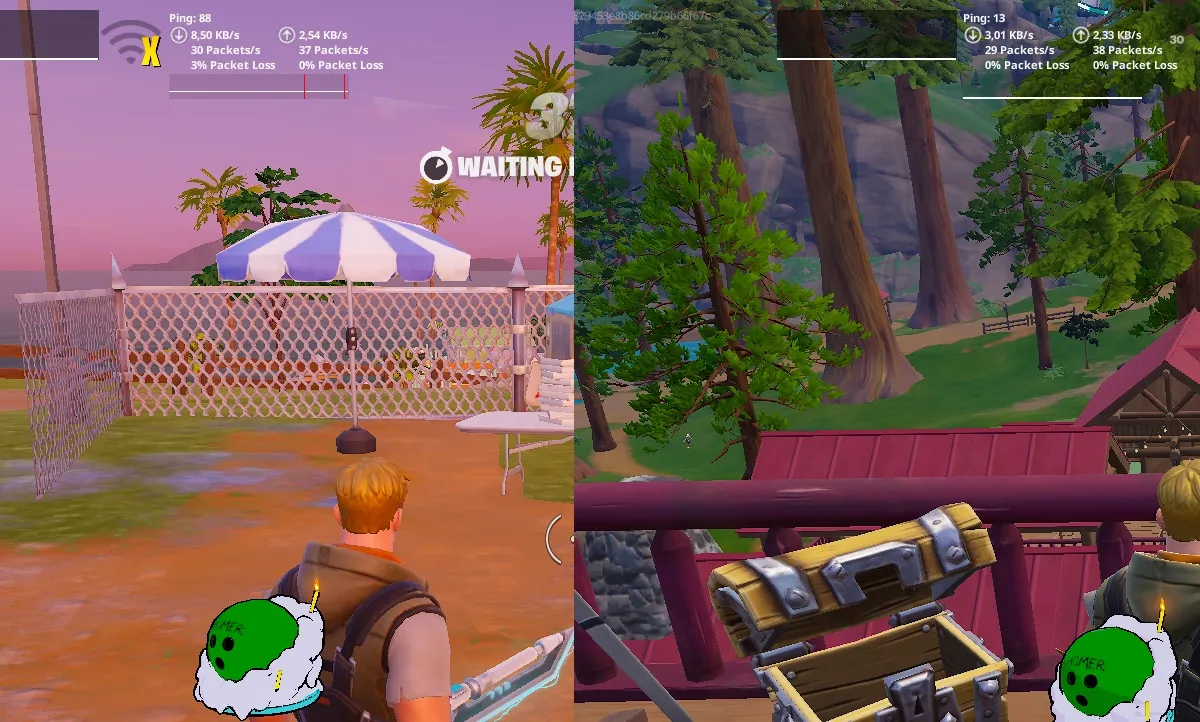 Screenshot real do Fortnite mostrando melhora de ping depois da otimização SyncNow